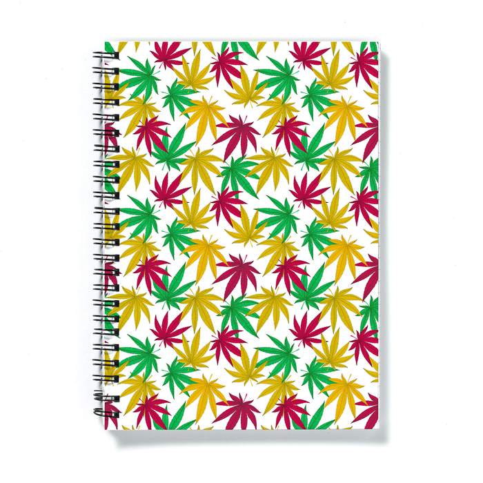 Weed Print A5 Notebook | Cannabis Leaf Illustration In Green, Red & Yellow, Hand Illustrated Fine Art Marijuana Leaves, Colourful Journal