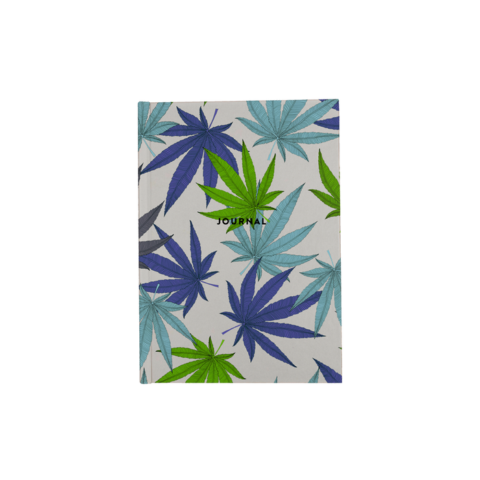 Weed Print Blue A5 Journal | Cannabis Leaf Illustration In Blues, Green & Grey, Hand Illustrated Fine Art Marijuana Leaves, Colourful Diary
