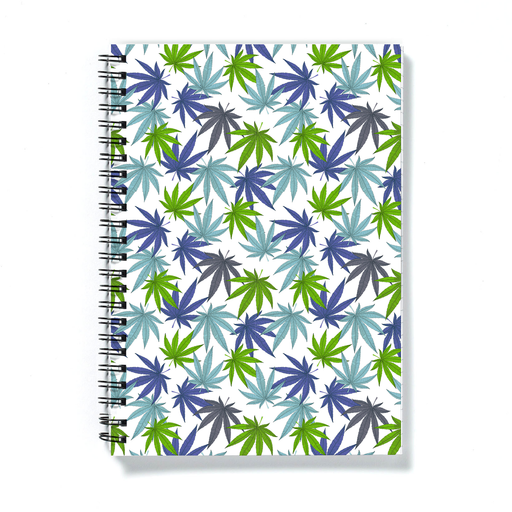 Weed Print Blue A5 Notebook | Cannabis Leaf Illustration In Blues, Green & Grey, Hand Illustrated Fine Art Marijuana Leaves, Colourful Journal