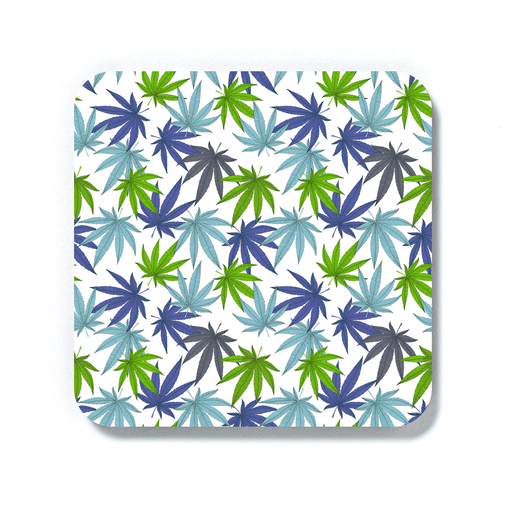 Weed Print Blue Coaster | Cannabis Leaf Illustration In Blues, Green & Grey, Hand Illustrated Fine Art Marijuana Leaves, Colourful Drinks Mat