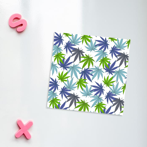 Weed Print Blue Fridge Magnet | Cannabis Leaf Illustration In Blues, Green & Grey, Hand Illustrated Fine Art Marijuana Leaves, Colourful Kitchen Magnet