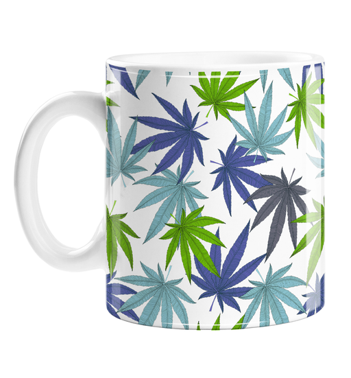 Weed Print Blue Mug | Cannabis Leaf Illustration In Blues, Green & Grey, Hand Illustrated Fine Art Marijuana Leaves, Colourful Coffee Mug