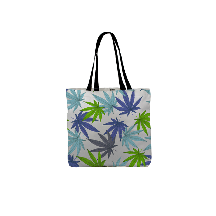 Weed Print Blue Tote | Cannabis Leaf Illustration In Blues, Green & Grey, Hand Illustrated Fine Art Marijuana Leaves, Colourful Canvas Shopping Bag