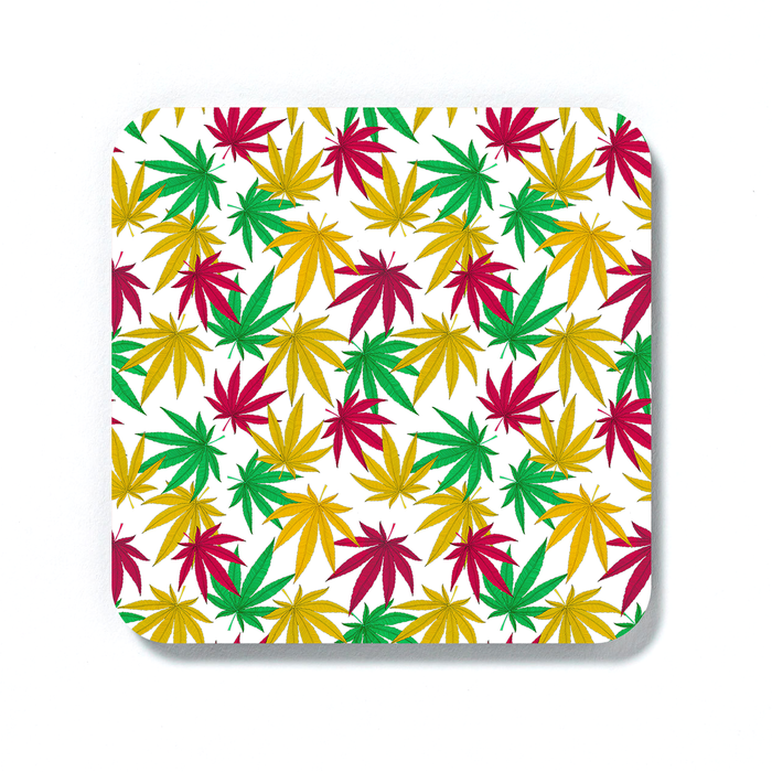 Weed Print Coaster | Cannabis Leaf Illustration In Green, Red & Yellow, Hand Illustrated Fine Art Marijuana Leaves, Colourful Drinks Mat