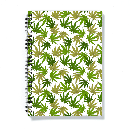 Weed Print Green A5 Notebook | Cannabis Leaf Illustration In Greens, Hand Illustrated Fine Art Marijuana Leaves, Colourful Journal