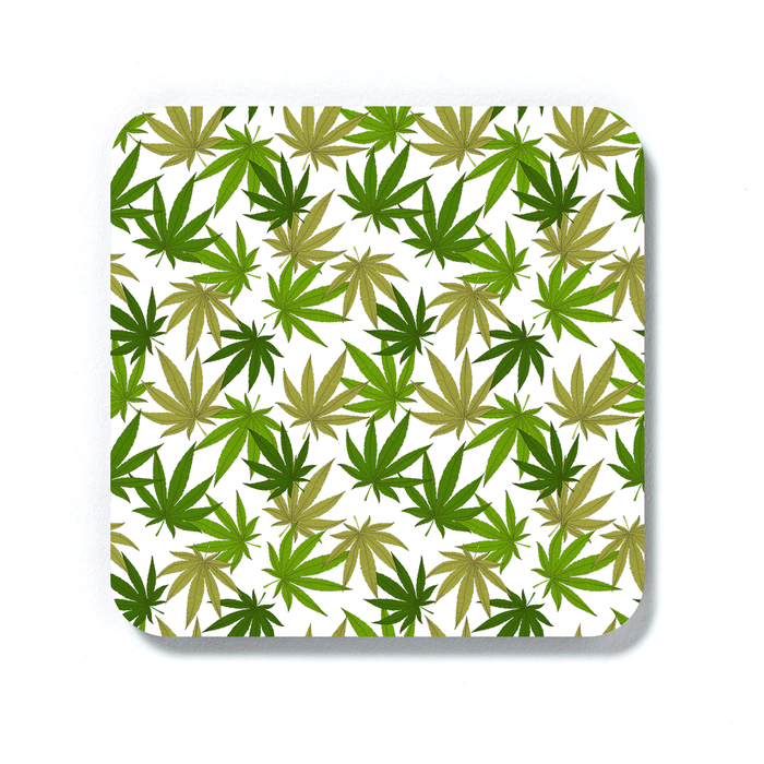 Weed Print Green Coaster | Cannabis Leaf Illustration In Greens, Hand Illustrated Fine Art Marijuana Leaves, Colourful Drinks Mat