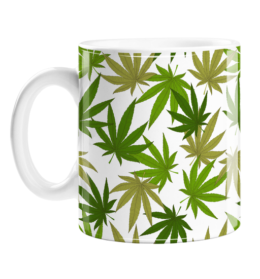 Weed Print Green Mug | Cannabis Leaf Illustration In Greens, Hand Illustrated Fine Art Marijuana Leaves, Colourful Coffee Mug