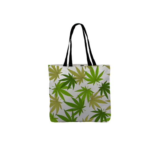 Weed Print Green Tote | Cannabis Leaf Illustration In Greens, Hand Illustrated Fine Art Marijuana Leaves, Colourful Canvas Shopping Bag