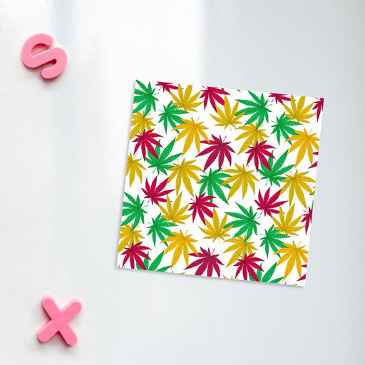 Weed Print Fridge Magnet | Cannabis Leaf Illustration In Red, Green & Yellow, Hand Illustrated Fine Art Marijuana Leaves, Colourful Kitchen Magnet