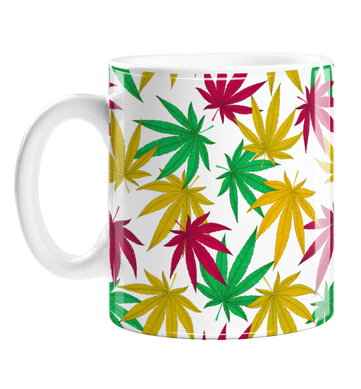 Weed Print Mug | Cannabis Leaf Illustration In Green, Red & Yellow, Hand Illustrated Fine Art Marijuana Leaves, Colourful Coffee Mug