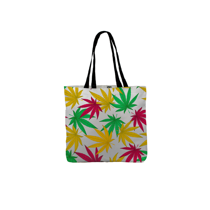 Weed Print Tote | Cannabis Leaf Illustration In Green, Red & Yellow, Hand Illustrated Fine Art Marijuana Leaves, Colourful Canvas Shopping Bag