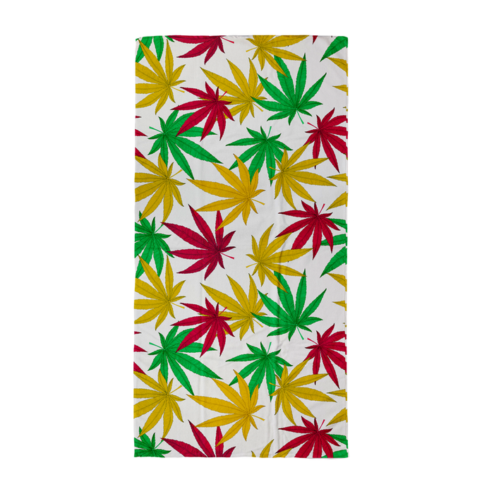 Weed Print Beach Towel | Cannabis Leaf Illustration In Green, Red & Yellow, Hand Illustrated Fine Art Marijuana Leaves, Colourful Towel