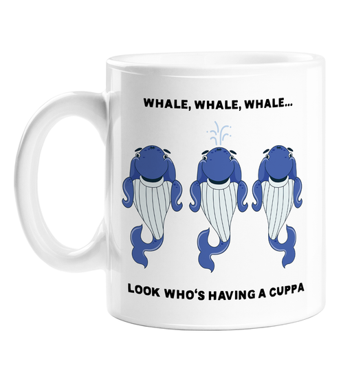 Whale, Whale, Whale... Look Who's Having A Cuppa Mug | Funny Whale Pun Coffee Mug, Three Judgemental Blue Whales, Well Well Well
