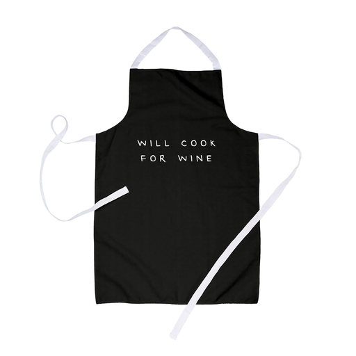 Will Cook For Wine Apron | Funny Wine Joke Apron For Her, Alcohol, Deadpan, Monochrome, Vino, White, Red