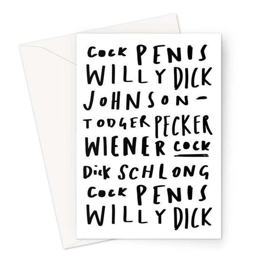 Willy Word Art Greeting Card | Dick, Penis, Todger, Cock, Schlong, Wiener, Johnson, Pecker