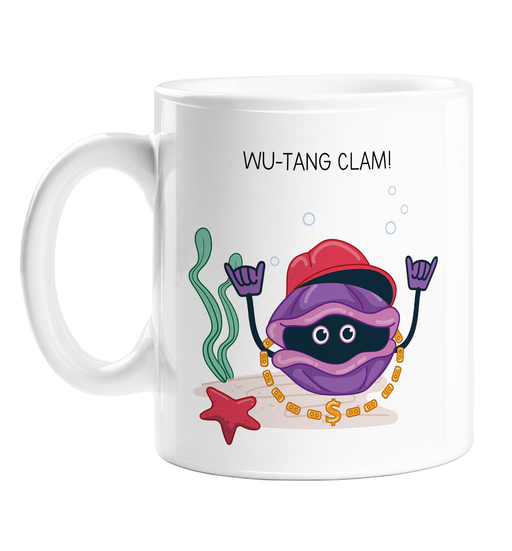 Wu-Tang Clam! Mug | Funny Clam Pun Gift For Gangster Rap Lover, Ganster Clam In Cap And Gold Dollar Sign Chain, Shellfish, 90s Rap Lover