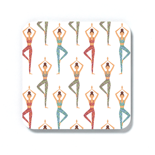 Yoga Illustration Coaster | Yogis Posing In Tree Pose, Namaste, Gift For Yoga Lover, Yogi, Yoga Drinks Mat