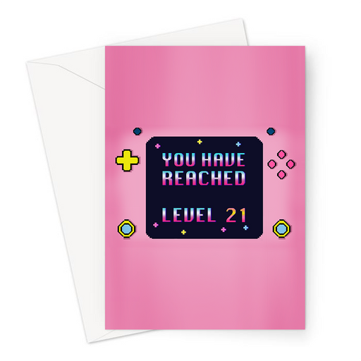 You Have Reached Level 21 Greeting Card | Pixel Design Gaming Console Twenty First Birthday Card In Pink For Twenty One Year Old Gamer, Her, Gaming Obsessed, Girlfriend, Daughter, Sister, 21st