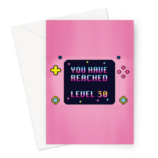 You Have Reached Level 30 Greeting Card | Pixel Design Gaming Console Thirtieth Birthday Card In Pink For Thirty Year Old Gamer, Her, Gaming Obsessed, Girlfriend, Wife, Sister, 30th