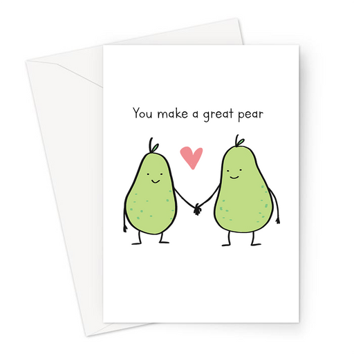 Congratulations! You Make A Fur-midable Team. Greeting Card | Cute, Kawaii, Funny Pear Pun Engagement Card, Congratulations, Anniversary, Two Pears Holding Hands, Great Pair